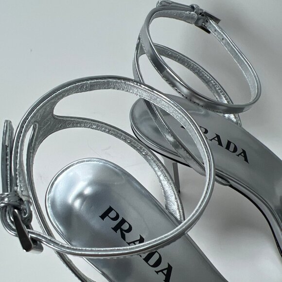 Prada Argento Donna Womens Sandals Metallic Leather Strappy Heels Size 38 US8 - Picture 14 of 16